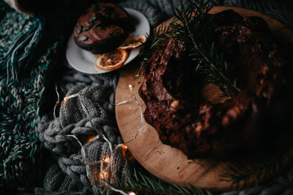 Tasty Homemade Christmas Cake Decorated Garland Stock Photo