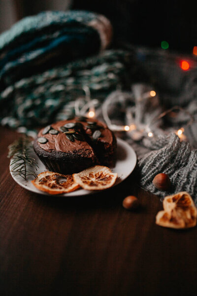 Tasty Homemade Christmas Cake Decorated Garland Royalty Free Stock Photos