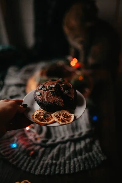 Close Woman Holding Tasty Homemade Christmas Cake Royalty Free Stock Images