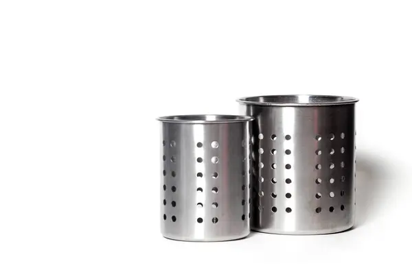 Recipientes Metal Aço Inoxidável Elegantes Para Armazenar Utensílios Cozinha Fundo — Fotografia de Stock