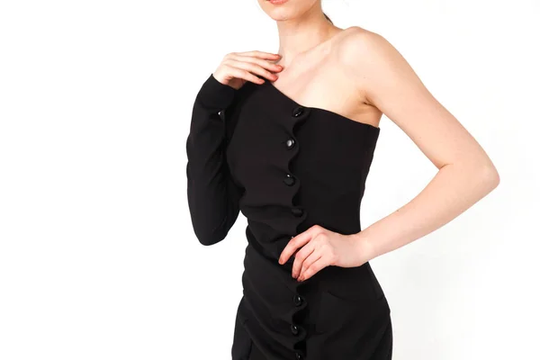 Stylish Young Businesswoman Black Elegant Dress Hat White Isolated Background — Stock Photo, Image
