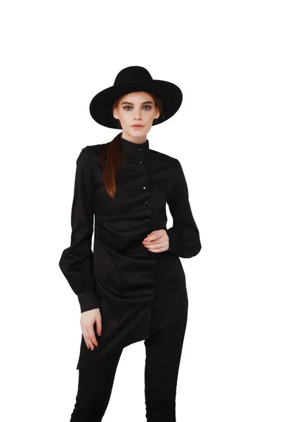 Stylish Young Businesswoman Black Elegant Suit Hat White Isolated Background — Stock Photo, Image