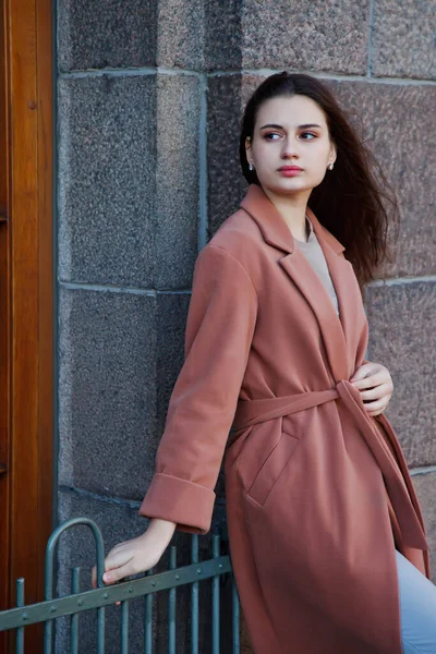 Fashionable Young Beautiful Stylish Woman Brown Coat Walking Street Autumn — Stock Photo, Image