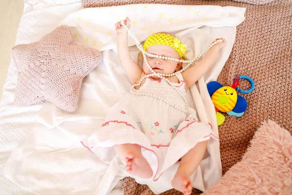 Cute Happy Blue Eyed Month Old Girl White Dress Plays — Stock Photo, Image