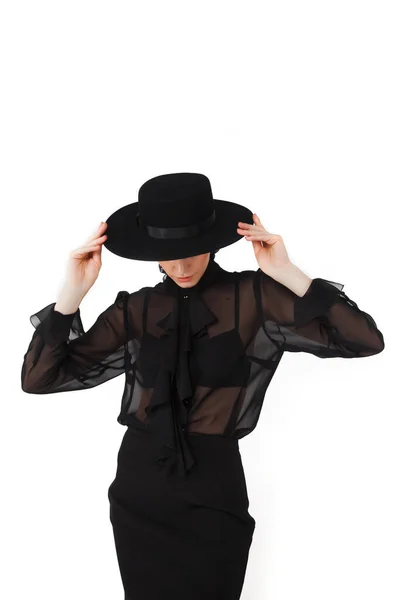 Stylish Cute Young Businesswoman Black Elegant Blouse Hat White Isolated — Stock Photo, Image