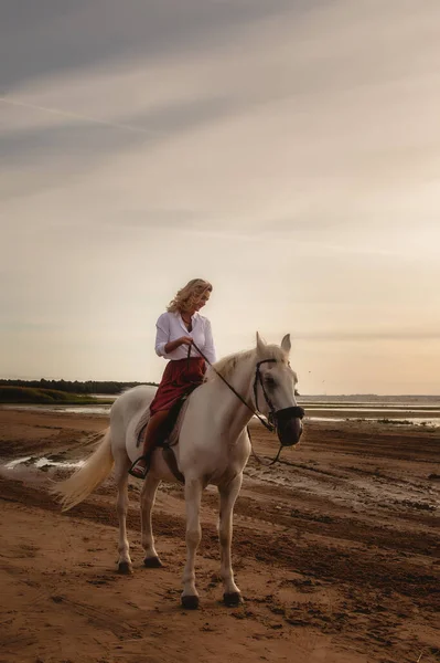 Mulher Jovem Feliz Bonito Cavalo Praia Verão Por Mar Rider — Fotografia de Stock