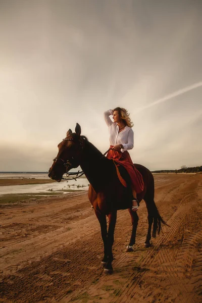 Cute happy young woman on horseback in summer beach by sea. Rider female drives her horse in nature on evening sunset light background. Concept of outdoor riding, sports and recreation. Copy space