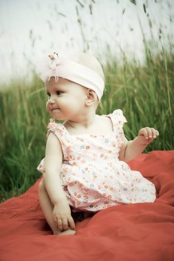 Şirin, mutlu, mavi gözlü, 8 aylık çimenlik bir kız. Eğitim için kavramsal fotoğraf, sağlıklı çocukluk, ebeveynlik, tasarım manzarası. Doğal yaz mevsiminde mükemmel bir Kafkas bebeği. Alan için kopyala