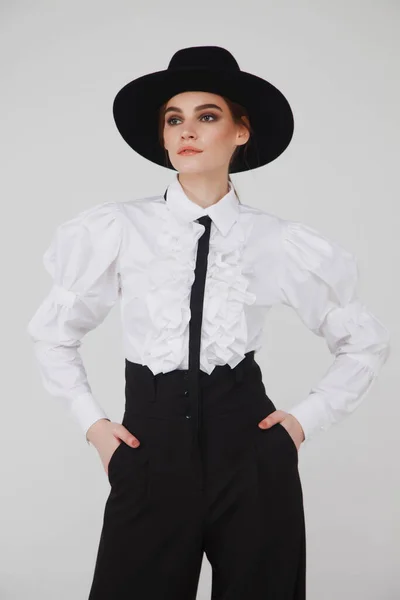 Stylish Cute Young Businesswoman White Elegant Blouse Hat White Light — Stock Photo, Image