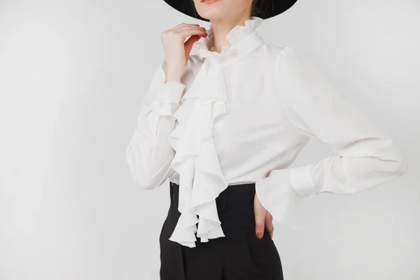 Stylish Cute Young Businesswoman White Elegant Blouse Hat White Light — Stock Photo, Image