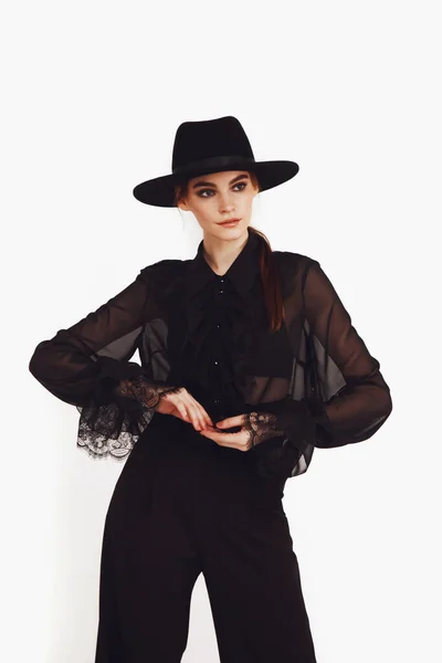 Stylish Cute Young Businesswoman Black Elegant Blouse Hat White Light — Stock Photo, Image