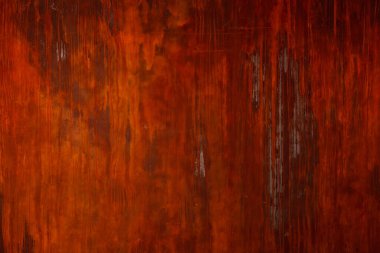 Kahverengi grunge dokusu, yüzeyde çizikler var. Paslı demir levhadan yapılmış sanayi duvarı. Metal plaka arka planı. Site için telif hakkı alanı