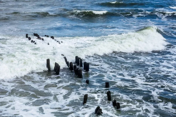 Sfeervol Landschap Dramatische Baltische Zee Golven Water Spatten Golfbrekers Natuur — Stockfoto