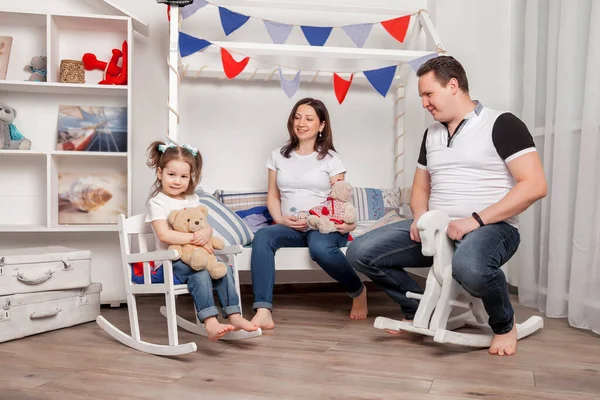 Happy Young Family Three Year Old Girl Sitting Children Room — Stock Photo, Image