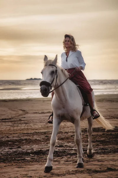 Mulher Jovem Feliz Bonito Cavalo Praia Verão Por Mar Rider — Fotografia de Stock