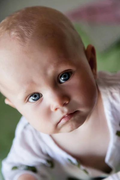 Retrato Ano Idade Olhos Azuis Criança Olhar Para Câmera Desgaste — Fotografia de Stock