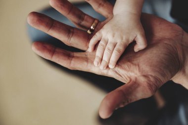 Küçük bir çocuğun eli babanın avucunun içinde. Baba yeni doğan bebeğin elini tutuyor. Aile: Ebeveyn ve bebek elleri. Ebeveynlik kavramı, ebeveyn bakımı ve Babalar Günü. Resim alanı için alanı kopyala