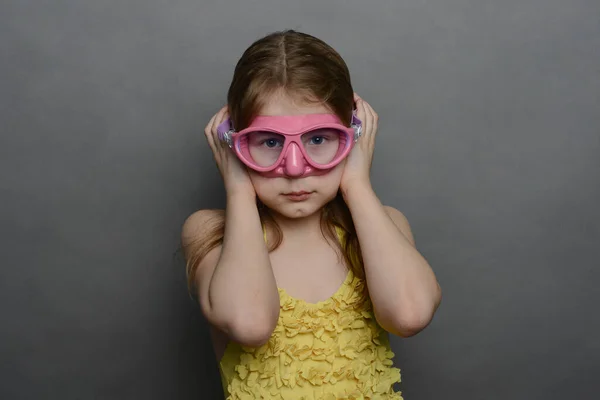 Little Girl Yellow Swimsuit Pink Mask Ear Barotrauma Stock Picture