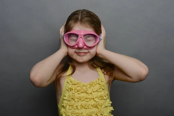 Little Girl Yellow Swimsuit Pink Mask Royalty Free Stock Photos