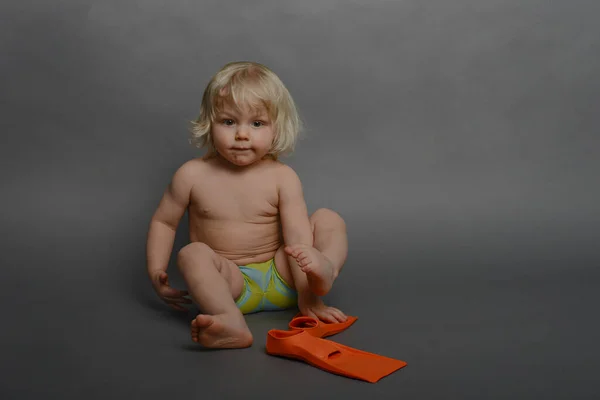 Little Boy Swimming Trunks Getting Ready Pool Putting Fins Stock Photo