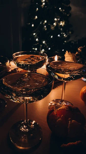 Champagne Mandarines Sur Fond Lumières — Photo