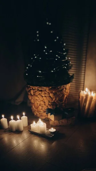 Kerstboom Kaarsen Het Interieur — Stockfoto