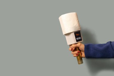 Mavi arka planda, gazetecinin mikrofonu, ses filtresi yerine, tuvalet kağıdı rulo giyiyor. Mikrofonun başlığı sahte haber..