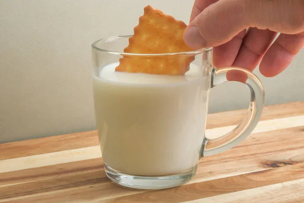 Man Dips Cookie Glass Milk — Stock Photo, Image