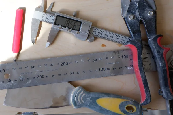 Dirty Construction Tools Lie Wooden Floor — Stock Photo, Image