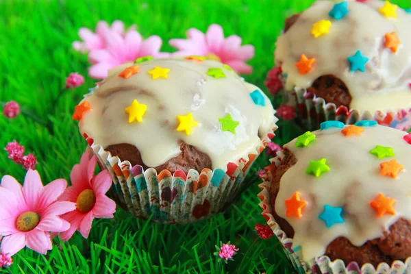 Chocolate muffins with white orange frosting — Stock Photo, Image