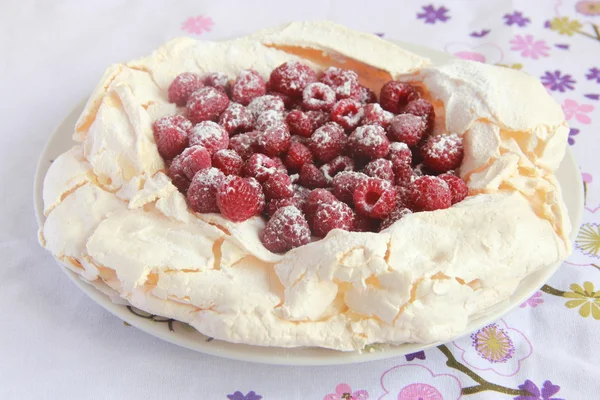 Meringue Pavlova с малиной — стоковое фото