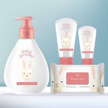 Vector Baby Tuvalet Malzemeleri veya Şampuanlı Cilt Temizleme Paketi veya Bebek Yıkama Pompası Şişesi, Yüz ve El Kremi tüpü ve Bebek Mendilleri Sachet Paketi. Tavşan Çizimi Yazdırma.