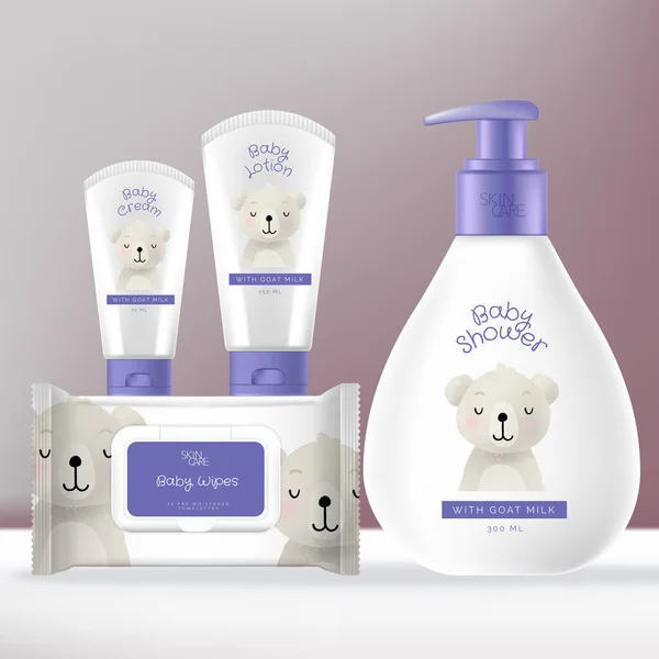 Vector Baby Tuvalet Malzemeleri veya Şampuanlı Cilt Temizleme Paketi veya Bebek Yıkama Pompası Şişesi, Yüz ve El Kremi tüpü ve Bebek Mendilleri Sachet Paketi. Ayı Çizimi Yazdırma.