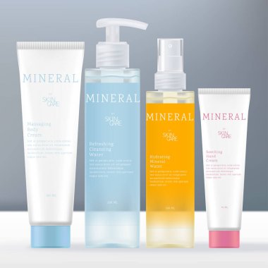 Plastik Tüp, Şeffaf Dispenser ve Vücut Spreyi Şişesi ile Vektör Sağlık ve Tıbbi Cilt Paketleme Seti. Canlı Gradyan Tasarımı.