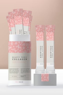 Foil Bag ya da Paket Paket Paketi ve Silindir Kağıt Kola Kutulu Vector Collagen Powder Beverage. Soyut Desen.