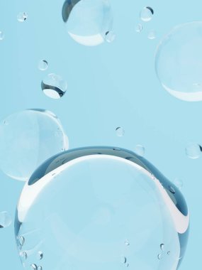 3D Rendering Stüdyo Çekimi Açık Mavi Su Damlaları Güzellik, Cilt Bakımı, Yiyecek ve İçecek Reklamı Görünümü.