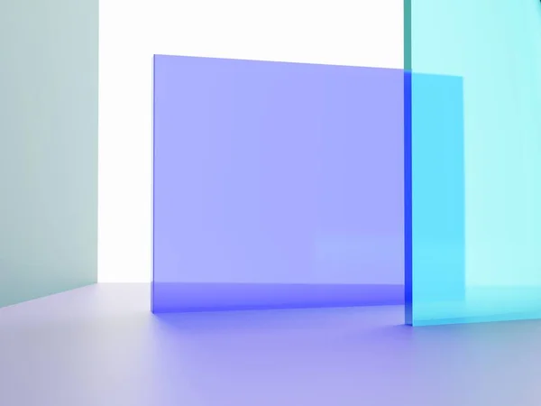 Moda, Kozmetik ve Moda Ürünleri İçin 3D Renderleme Stüdyosu Çekimi Vibrant veya Neon Violet ve Turkuaz Şeffaf Akrilik Arkaplan.