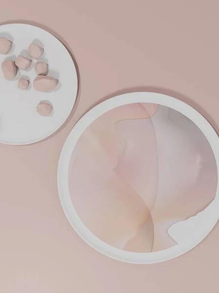 Güzellik, sağlık, cilt bakımı, gıda ve içecek ürünleri için 3D Minimum Renkli Yuvarlak Tabaklar ve Sulu Çizim Efekti Görünümü. Beyaz ve Pembe.