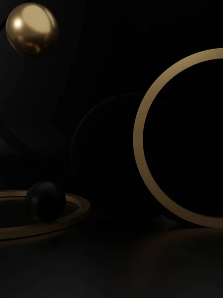 3D渲染工作室拍摄的产品展示背景与黑色和金色圆球 平板和戒指的节庆奢侈品 — 图库照片
