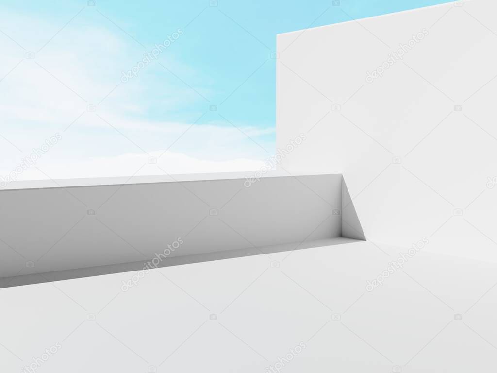 3D Rendering Pure White Minimal Architectural Outdoor Skyline Product Display Background for Beauty, Health and Medical Products.