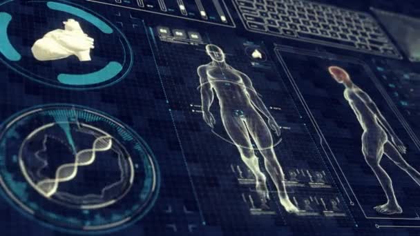 Человеческая анатомия Прогулка с футуристическим сенсорным экраном Интерфейс сканирования в 3D рентгене - LOOP — стоковое видео