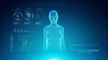 Kadın iskelet sistemi anatomisi üzerinde sanal fütüristik mavi dokunmatik ekran arayüzü ile başlıklar için yer tutucu. Sorunsuz döngü.