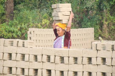 Hooghly bölgesinde 12 Aralık 2020 'de Hooghly West Bengal Hindistan' da bir tuğla fırının resmi. Yetişkin işçiler fırındaki çiğ tuğlaları pişirmek için çok çalışıyorlar..