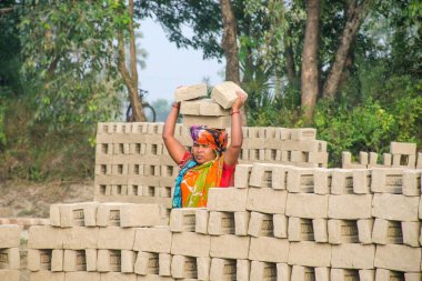 Hooghly bölgesinde 12 Aralık 2020 'de Hooghly West Bengal Hindistan' da bir tuğla fırının resmi. Yetişkin işçiler fırındaki çiğ tuğlaları pişirmek için çok çalışıyorlar..