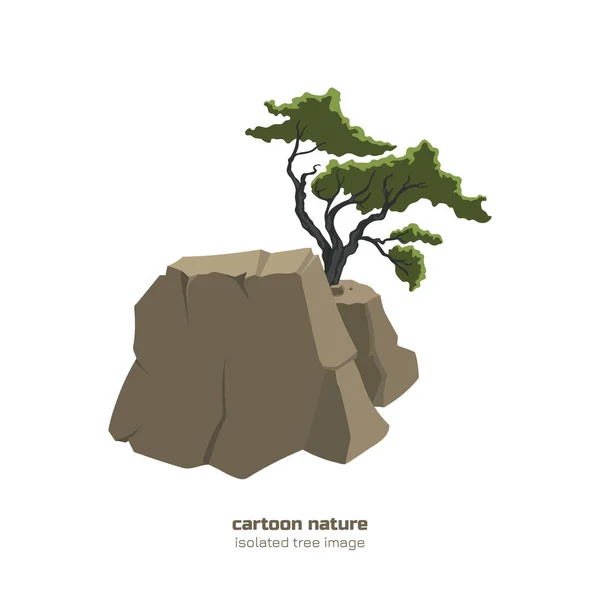 Árvore isolada na montanha. Paisagem de fantasia com arbusto na rocha. Bonsai em estilo cartoon no fundo branco —  Vetores de Stock