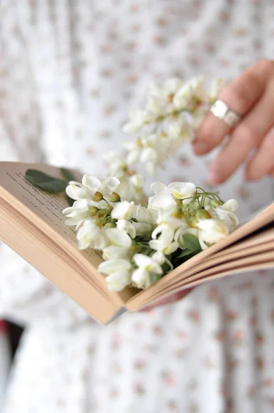 Hold Book y flores de acacia de primavera fondo de pantalla y fondo — Foto de Stock