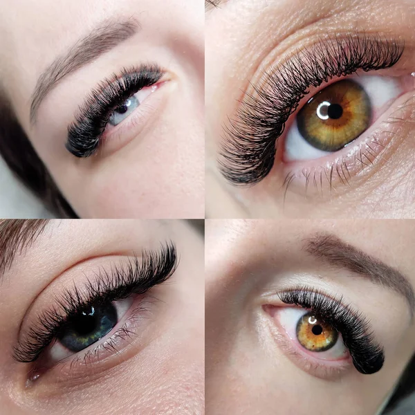 Eyes with lash extensions macro view collage — Stock Photo, Image