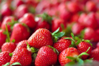 Tezgahta bir sürü kırmızı sulu çilek var