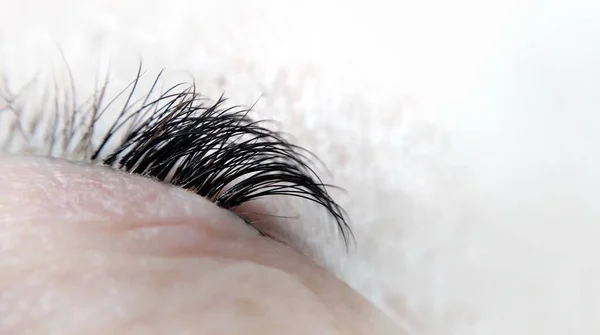 Lash extensions in beauty salon macro eye top view — Stock Photo, Image