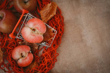 Kırmızı elma hasadı çantada Sonbahar mevsimi 